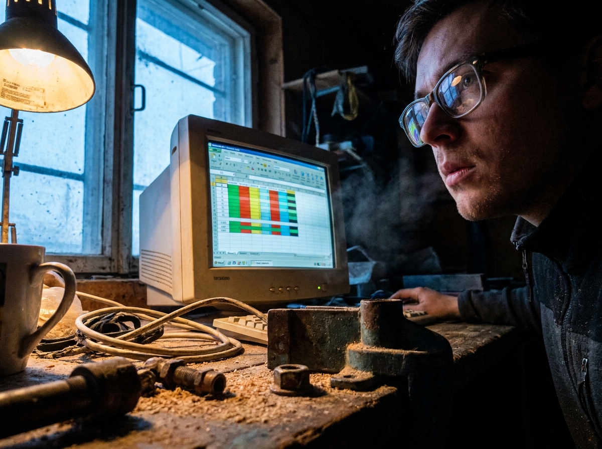 a dispatcher's monitor showing a color-blocked schedule grid, reflections on glasses, a genuinely lived-in workspace with tangible textures — frayed cable ties, oxidized fittings, sawdust in the seams of a workbench, breath visible in cold air.
