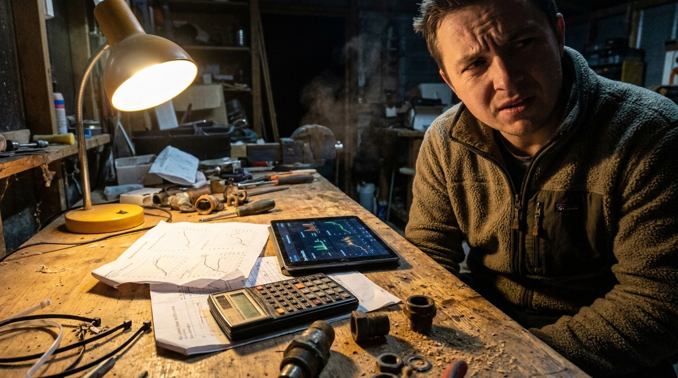 printed charts, a calculator and a tablet dashboard on a wooden desk, a genuinely lived-in workspace with tangible textures — frayed cable ties, oxidized fittings, sawdust in the seams of a workbench, breath visible in cold air