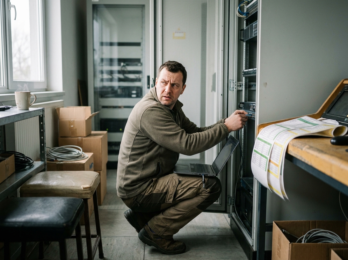 a field engineer servicing a server rack with a laptop, a genuinely lived-in workspace with tangible textures — worn vinyl seats, sun-bleached dashboard, laminated route sheets curling at the corners.