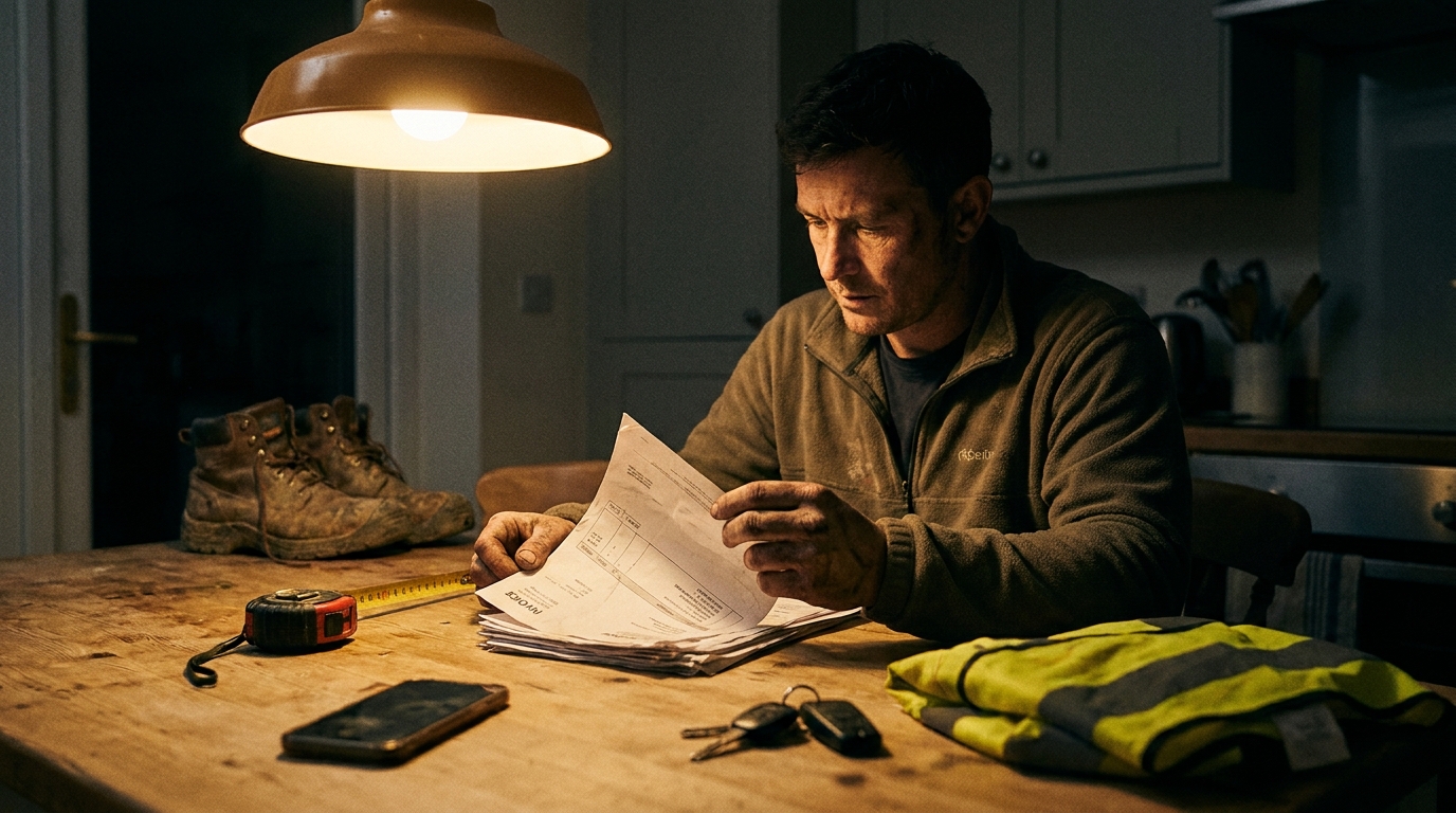 Tradesperson doing end-of-day scheduling admin at a kitchen table, paper invoices and van keys beside a phone