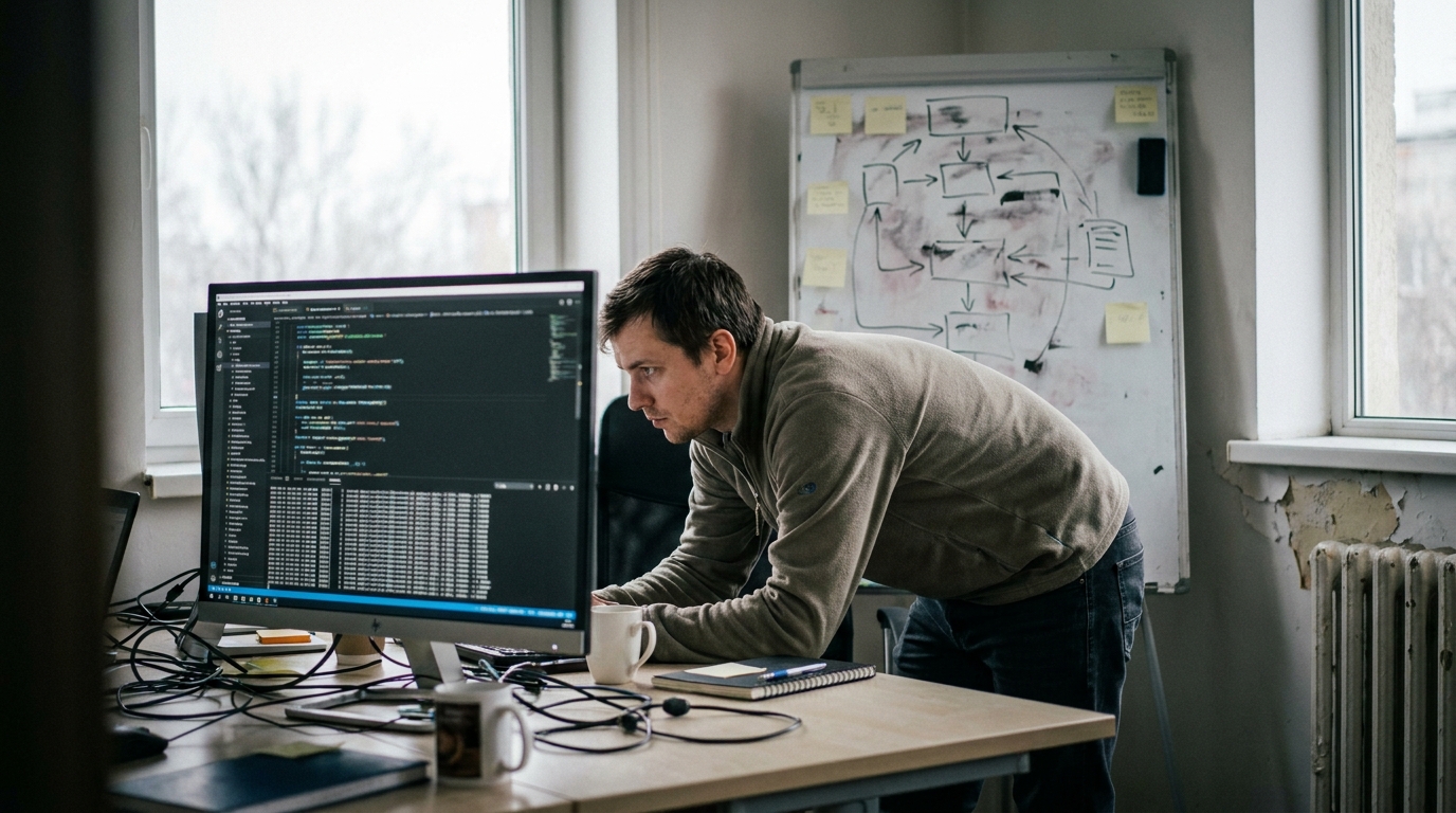 a developer reviewing an agent trace on a large monitor, whiteboard with boxes and arrows behind — caught mid-task with a spontaneous, unposed expression; wide hero image with breathing room at one side for a headline overlay added later in editing., a genuinely lived-in workspace with tangible text