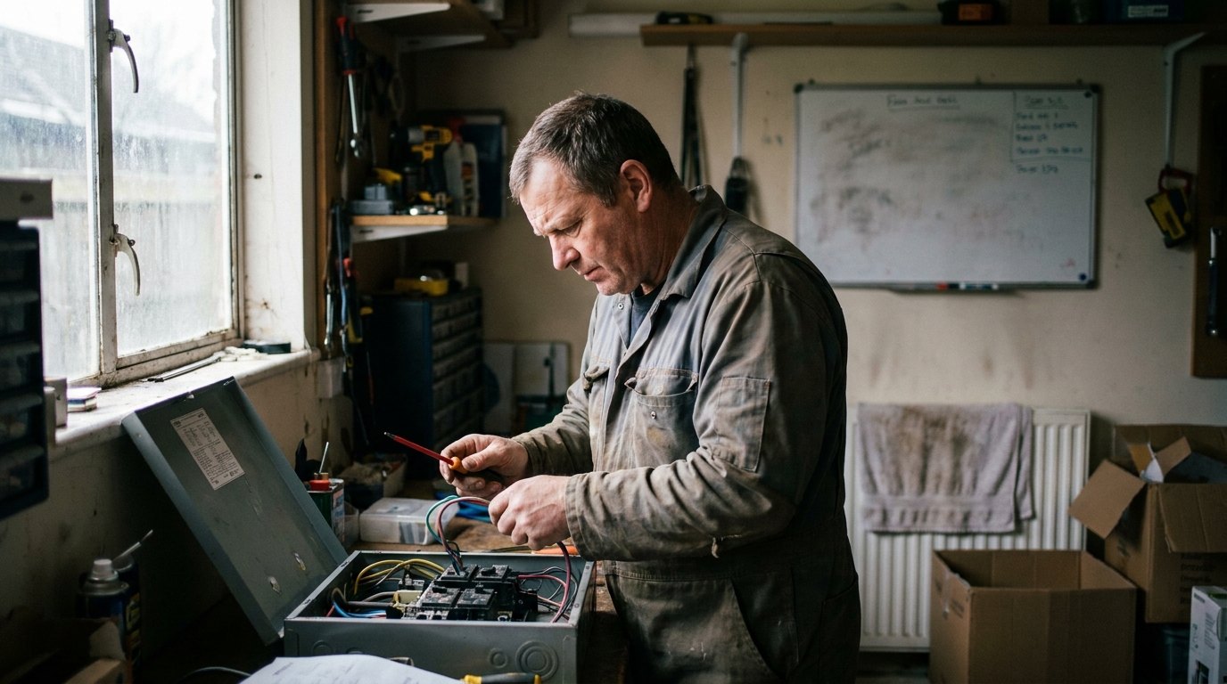 an electrician wiring a breaker panel in a residential garage, a genuinely lived-in workspace with tangible textures — smudged whiteboard ghosting under fresh marker, sticky notes losing their grip, a humming radiator.