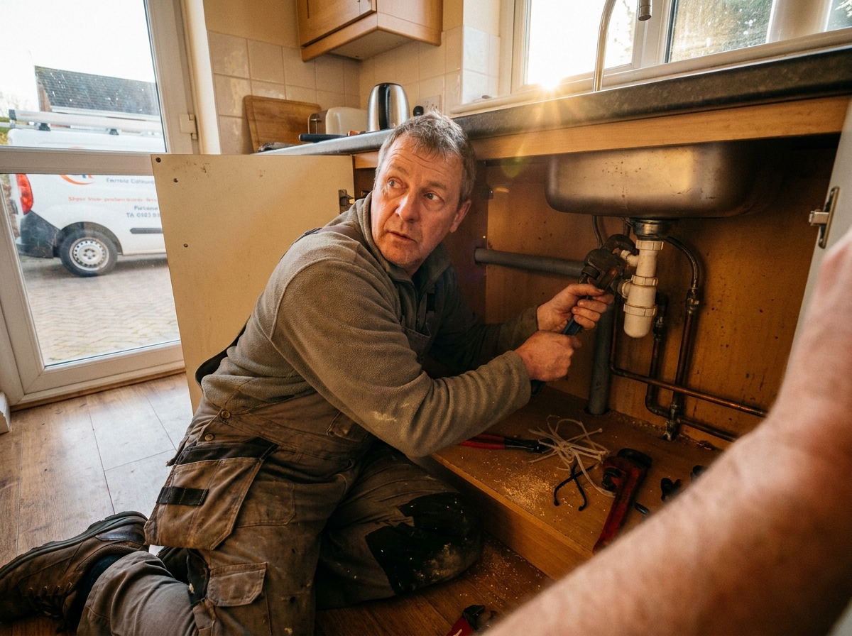 Plumber under a kitchen sink in a worn workspace with fittings, sawdust, and late-afternoon light