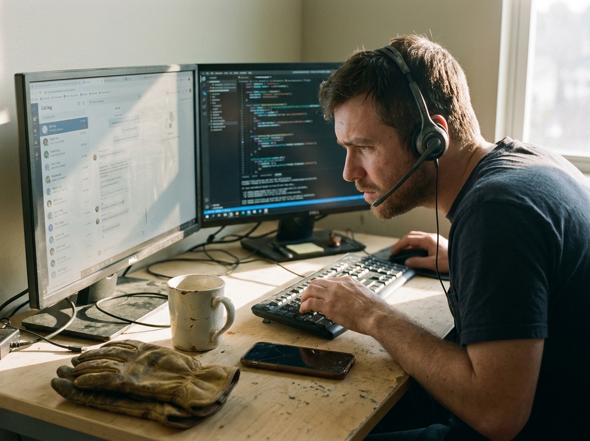 Developer reviewing a test call transcript, small office with paper schedule and service stickers