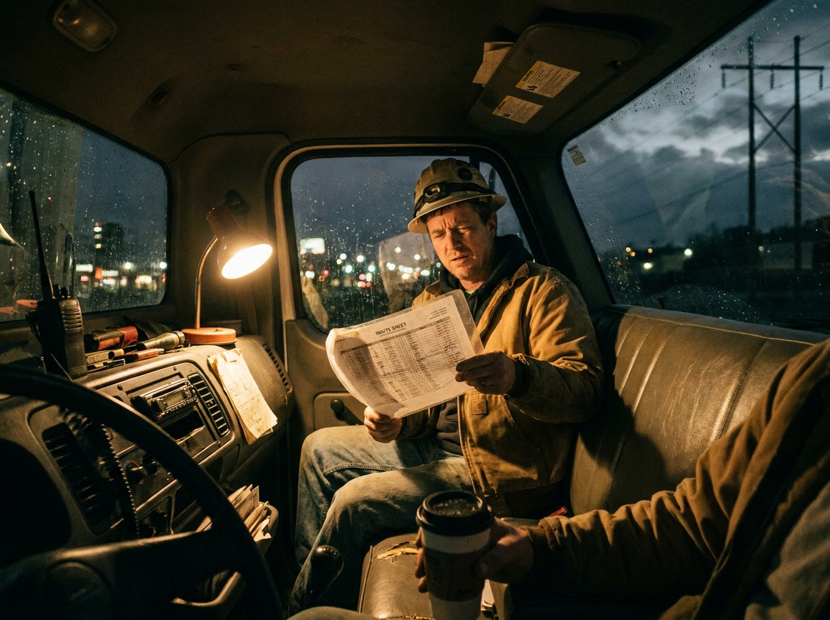 Utility crew planning must-have scheduling features inside a worn service vehicle with route sheets and dashboard textures
