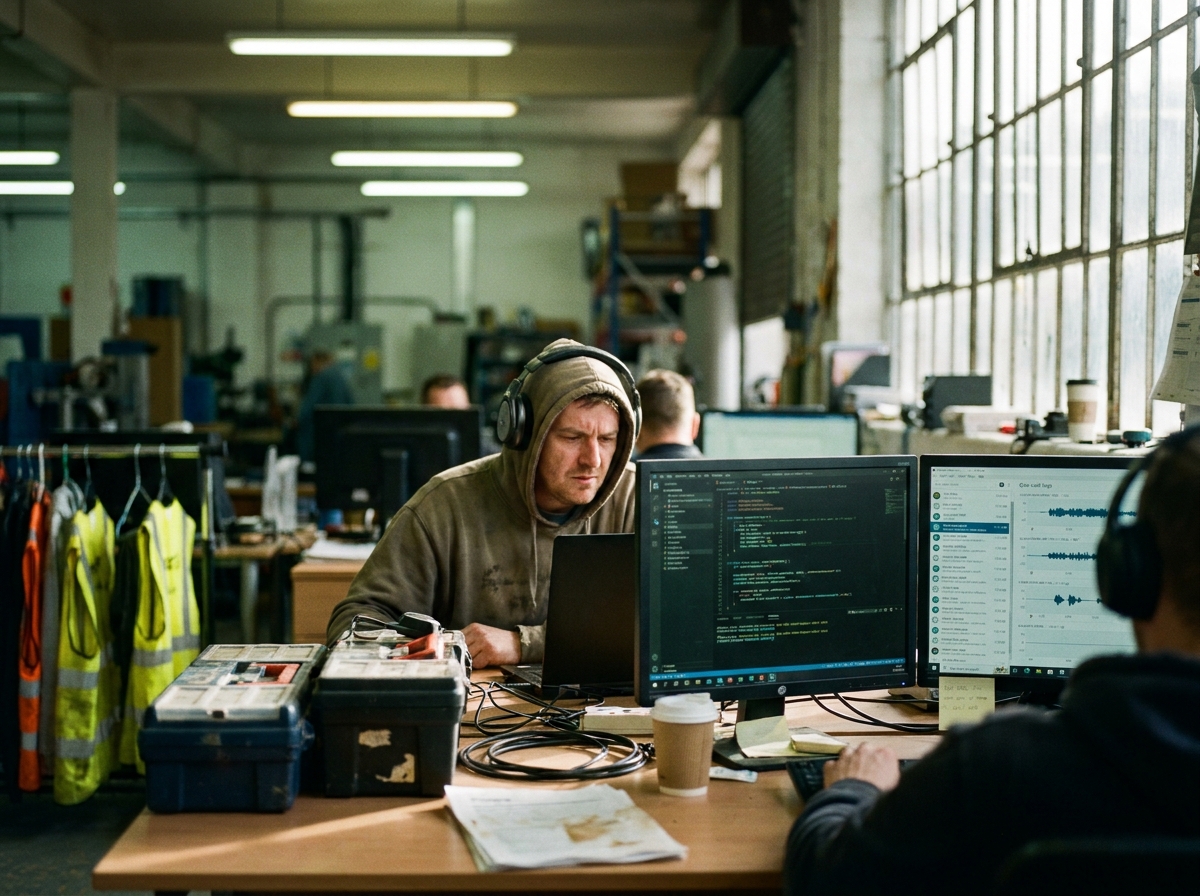 a developer testing a phone call flow at a desk, headset on, code editor and call logs on dual monitors, a genuinely lived-in workspace with tangible textures — scuffed toolboxes, faded hi-vis fabric, coffee rings on paperwork, dust motes drifting in the light.