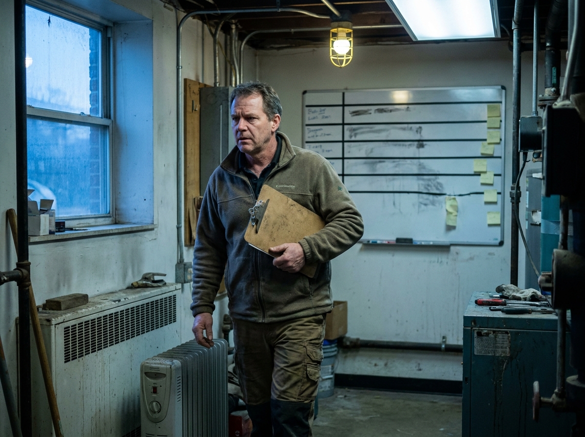 Facilities manager with a clipboard near a smudged whiteboard, loose sticky notes, and pre-dawn dispatch light