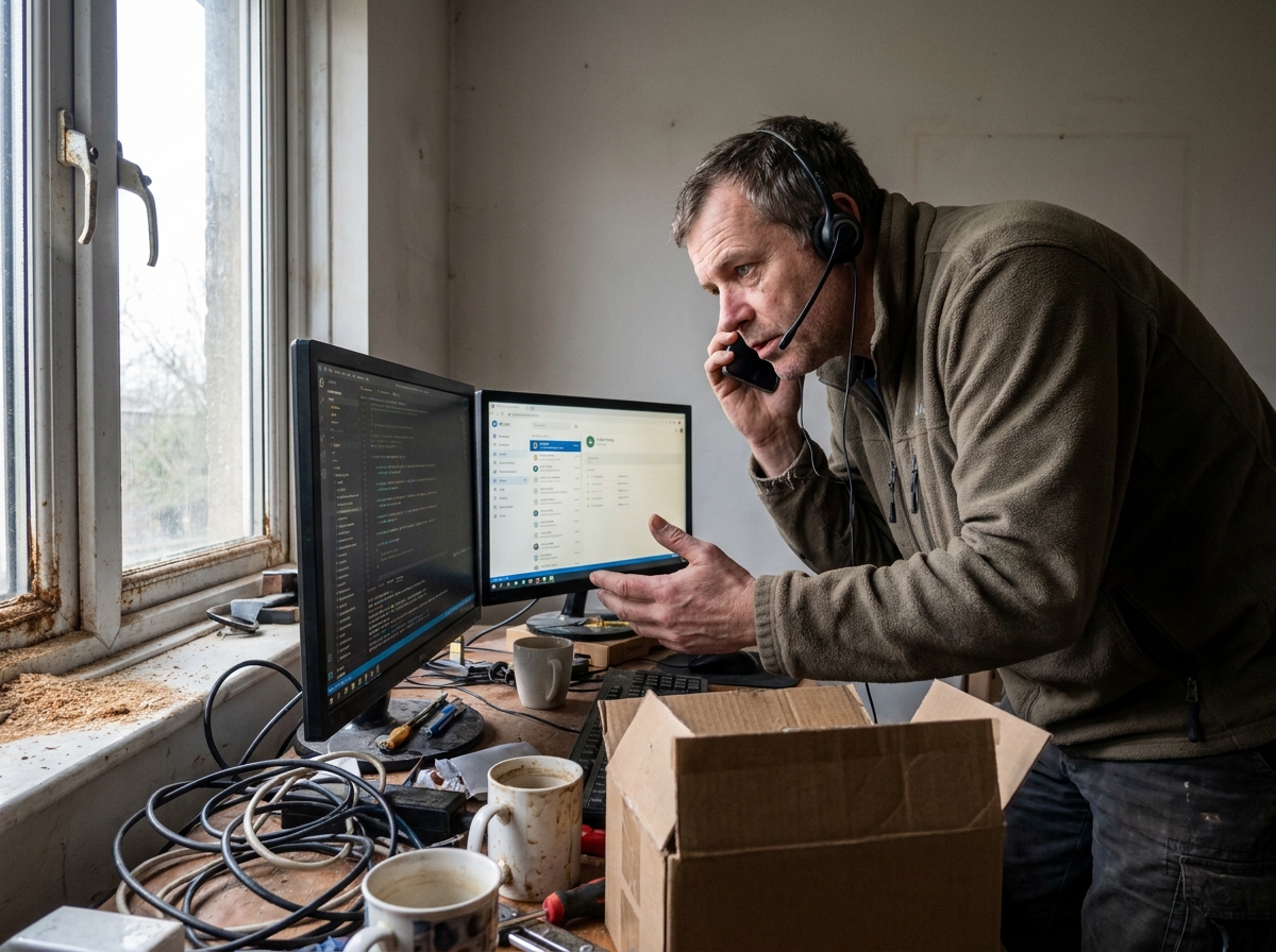 developer reviewing voice booking transcripts beside field service workbench notes