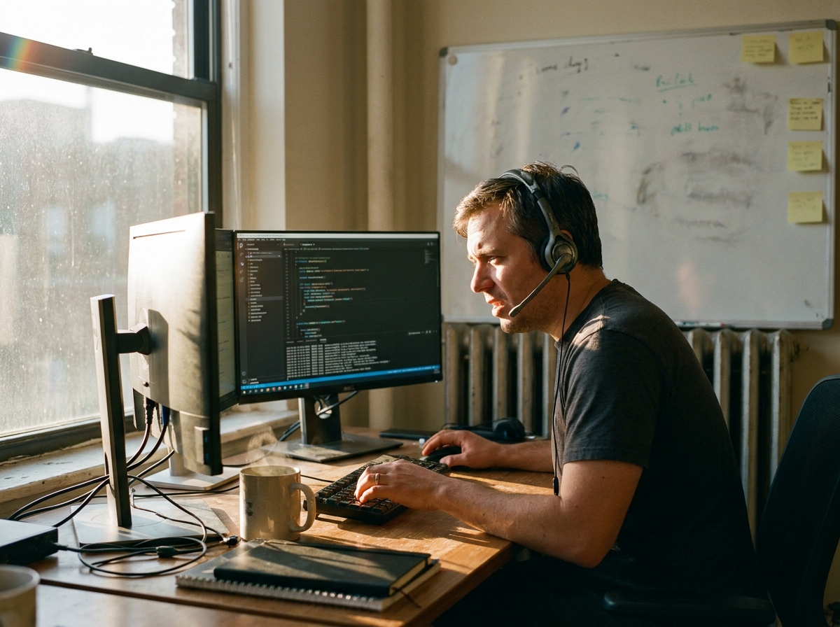 Developer testing a phone call flow in a lived-in workspace with whiteboard notes, loose sticky notes, and a warm radiator