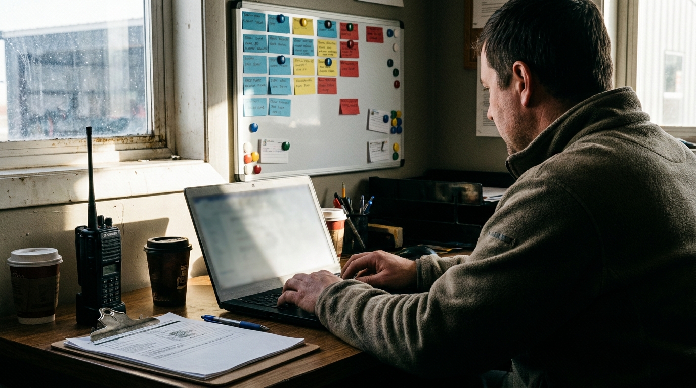 Dispatcher typing a message on a laptop in a small field service office, a whiteboard of magnetic job cards on the wall behind