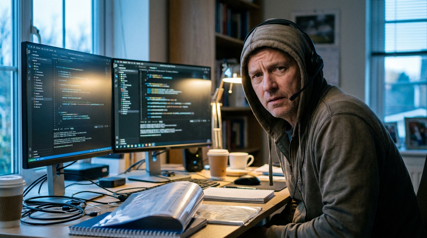 a developer testing a phone call flow at a desk, headset on, code editor and call logs on dual monitors, a genuinely lived-in workspace with tangible textures — worn vinyl seats, sun-bleached dashboard, laminated route sheets curling at the corn
