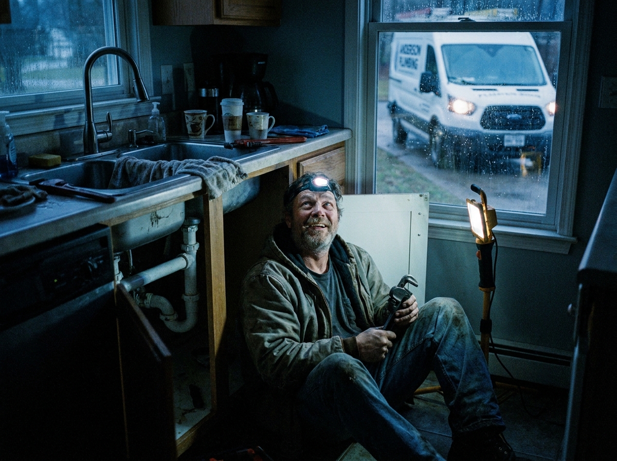 a plumber working under a kitchen sink with a branded van in the driveway, a genuinely lived-in workspace with tangible textures — worn vinyl seats, sun-bleached dashboard, laminated route sheets curling at the corners.