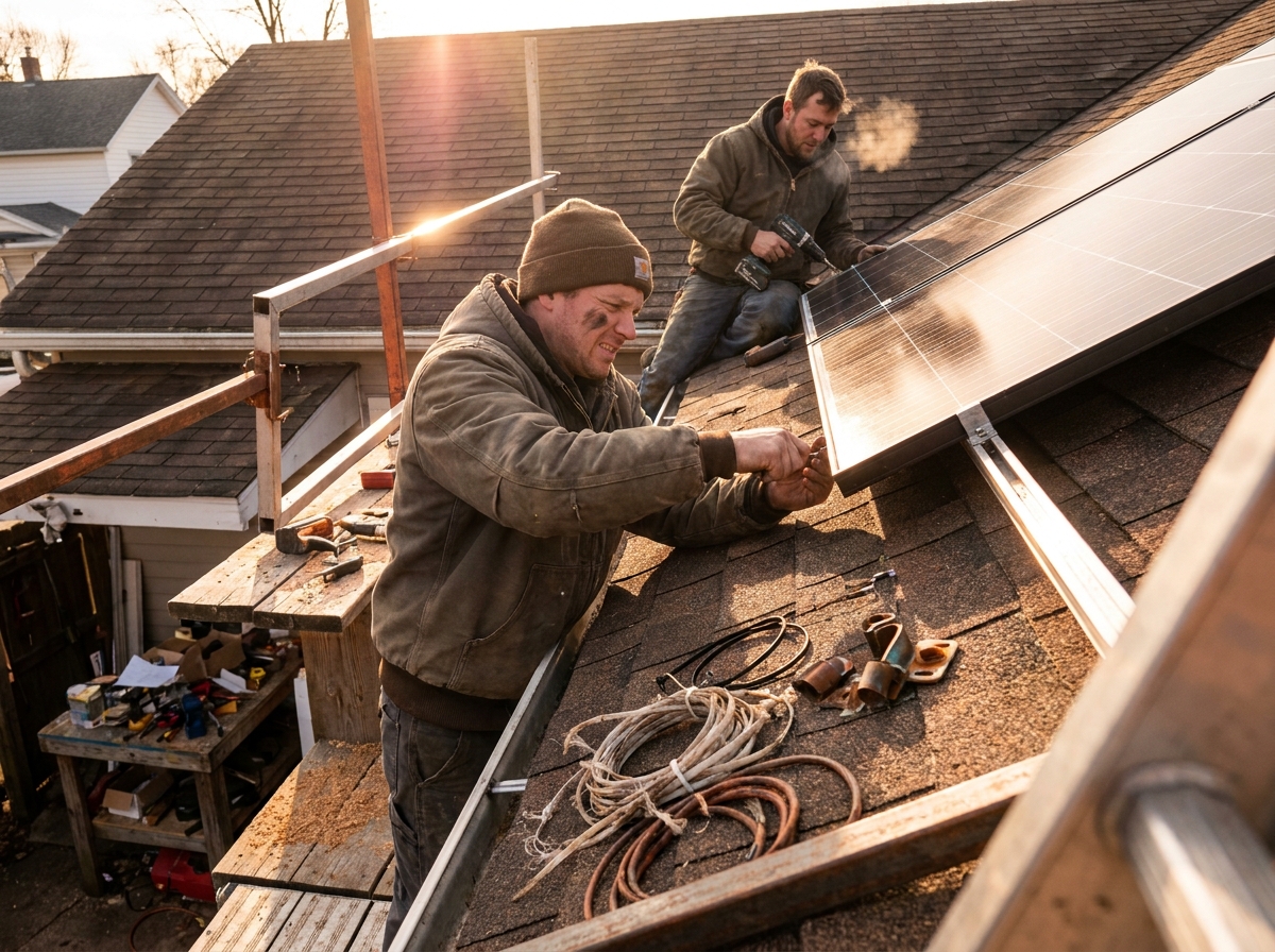 installers mounting photovoltaic panels on a residential rooftop, frayed cable ties and oxidized fittings on a worn workbench