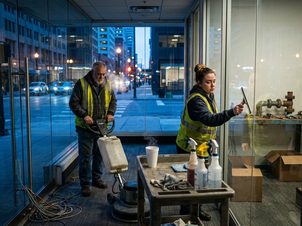 a janitorial crew cleaning a glass-walled office at night, a genuinely lived-in workspace with tangible textures — frayed cable ties, oxidized fittings, sawdust in the seams of a workbench, breath visible in cold air.