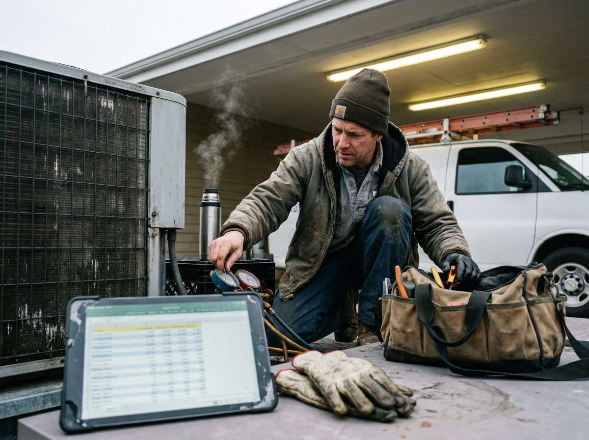 busy HVAC scheduling scene with weathered gloves, chipped paint, cracked phone glass, and grease-darkened fingerprints