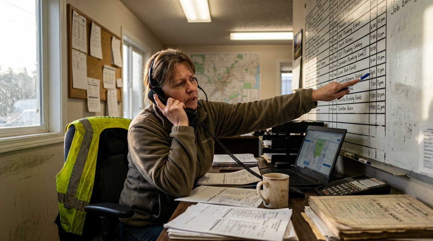 Plumbing dispatcher reviewing an overloaded emergency schedule in a lived-in service office