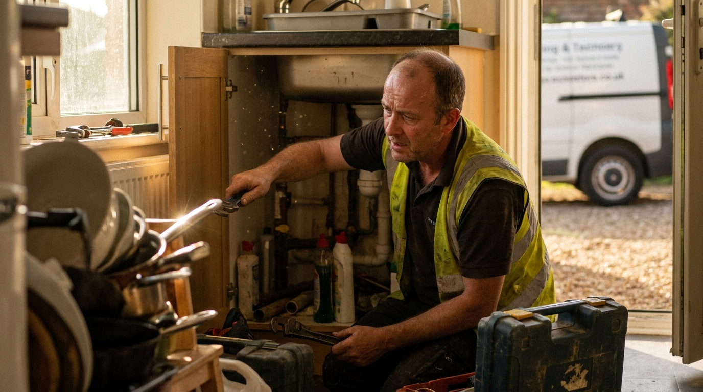 Plumber working under a kitchen sink in a lived-in workspace with tools, paperwork, and a service van outside
