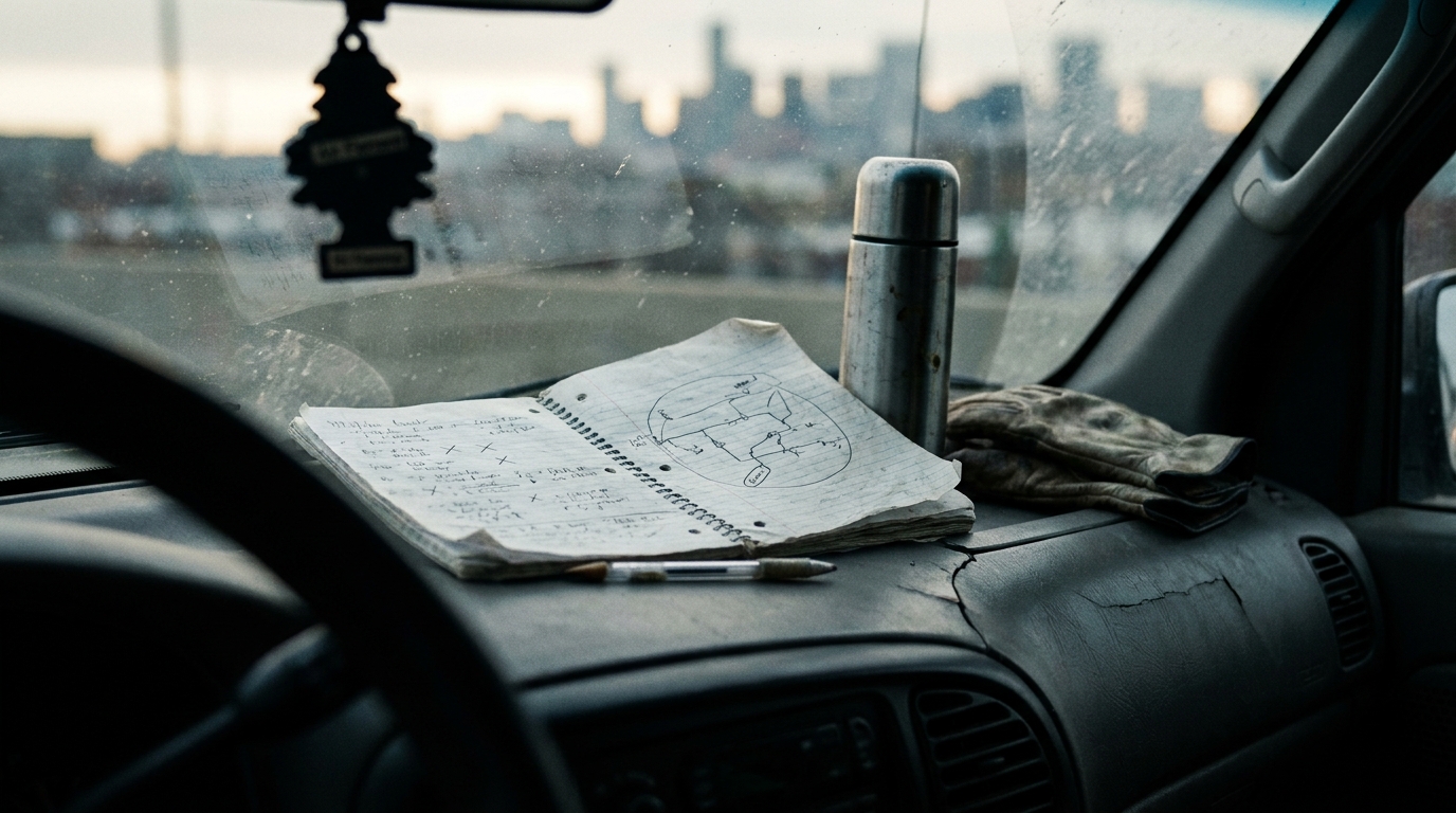 Worn spiral notebook with handwritten route notes and a sketched map, open on the dashboard of a work van at dawn