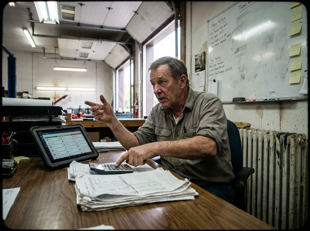 Charts, sticky notes, and a tablet dashboard on a smudged dispatch office work surface