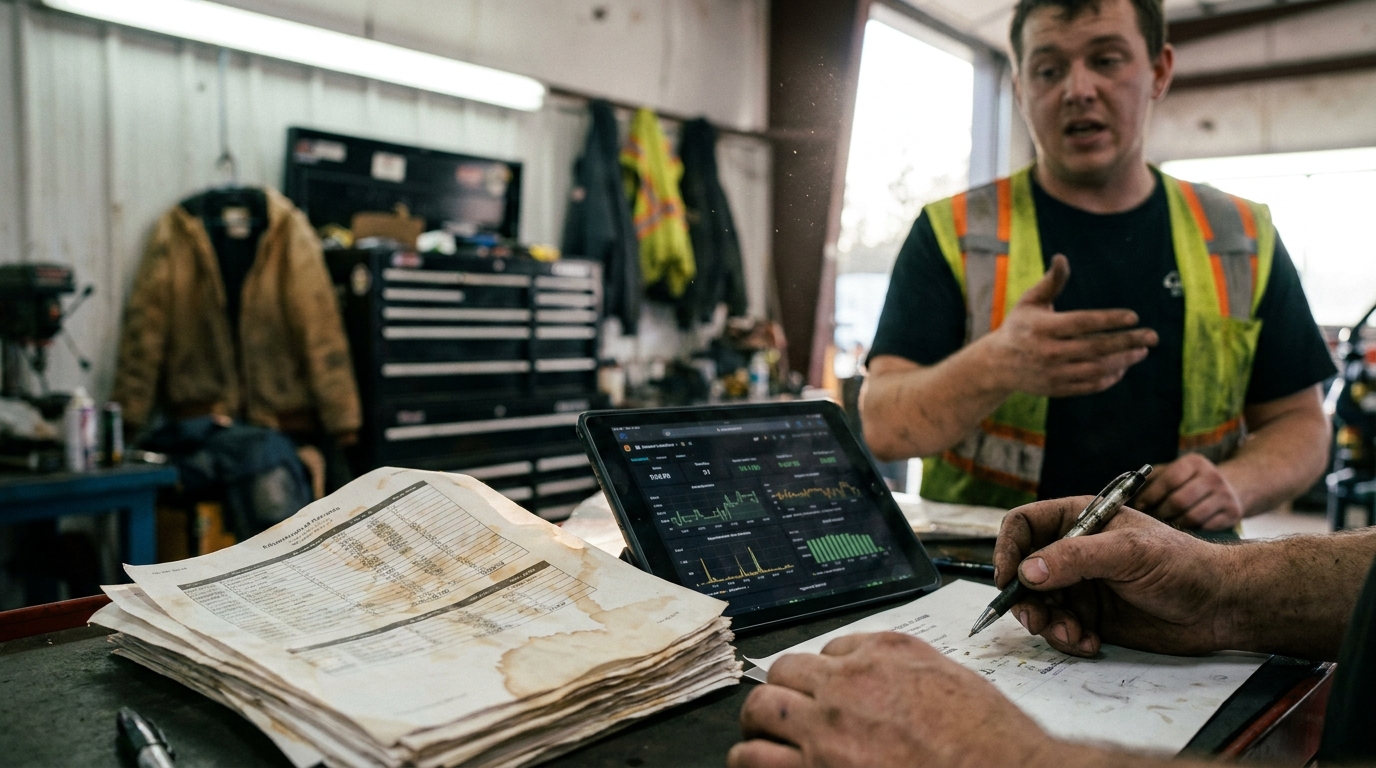 Printed charts and a tablet dashboard on a lived-in field service desk with paperwork and shop light