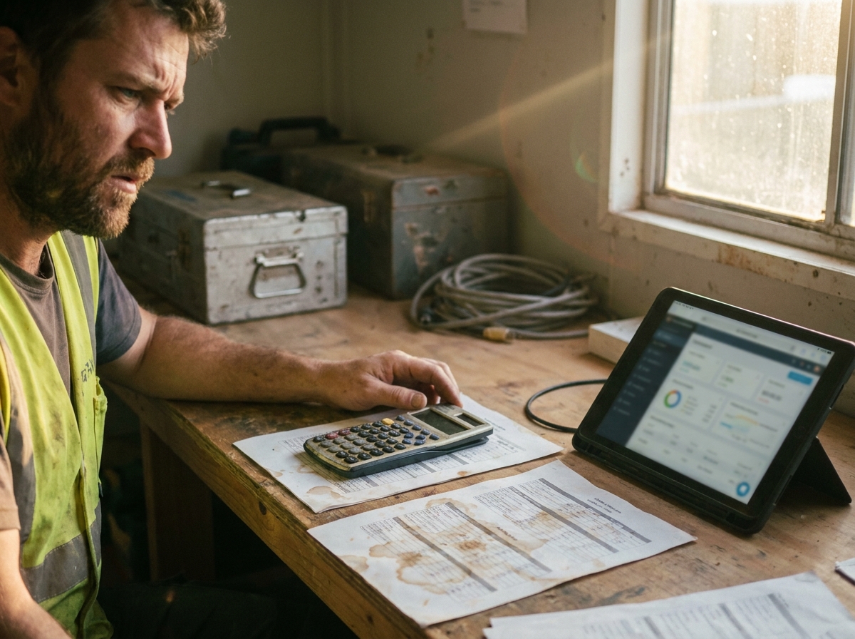 Printed charts and a calculator on a scuffed field operations desk in warm early light