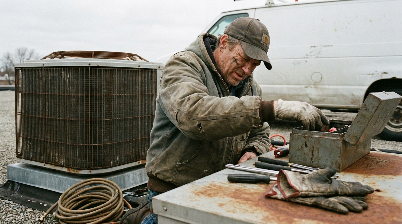 an HVAC technician servicing a rooftop condenser unit beside a service van, weathered work gloves, chipped paint, a cracked phone screen, grease-darkened fingerprints