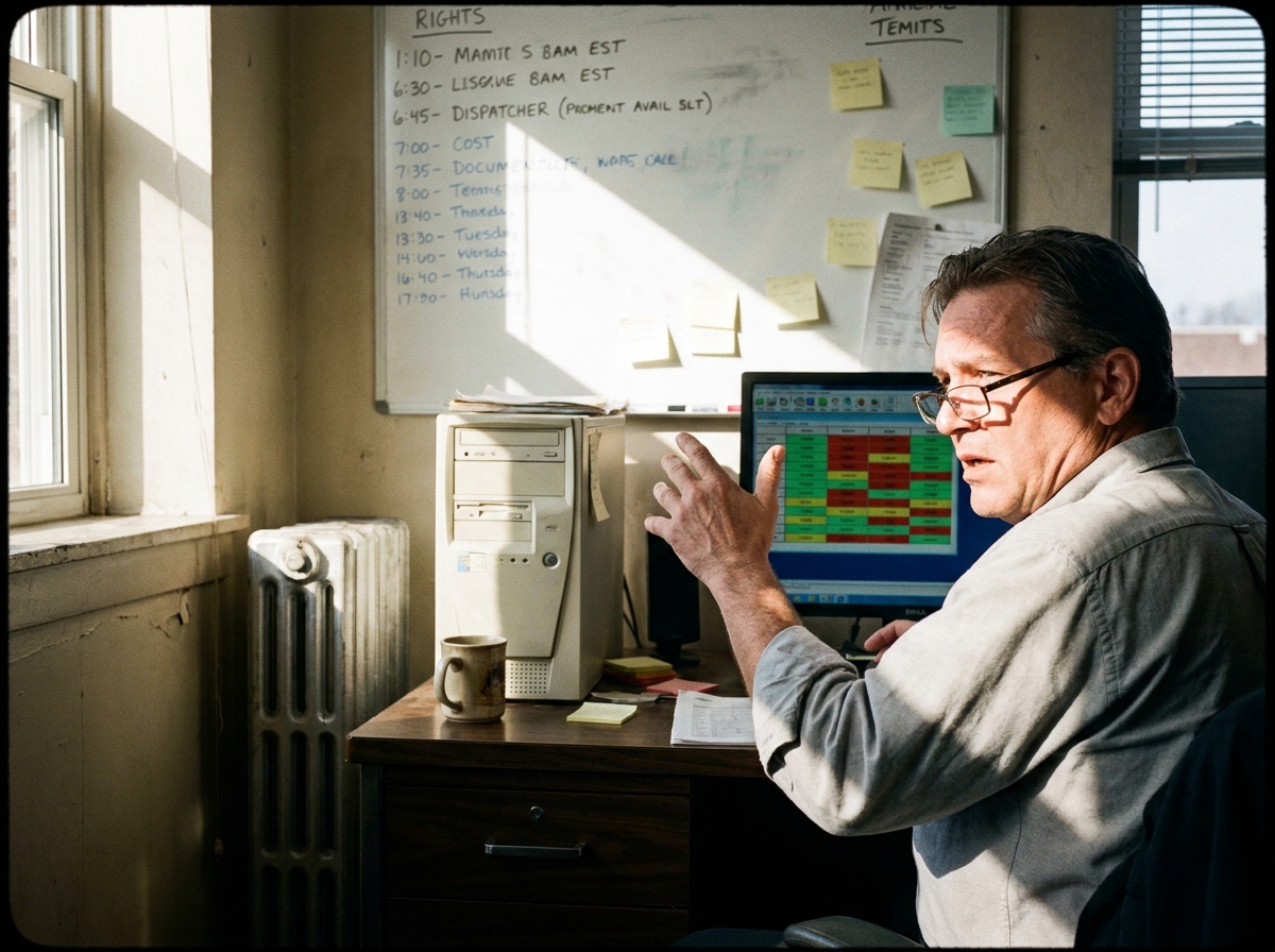 Dispatcher monitor with a color-blocked schedule grid in a lived-in workspace with sticky notes and whiteboard marks