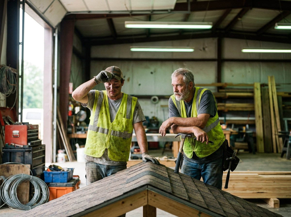 two roofers installing shingles on a pitched roof under a clear sky, a genuinely lived-in workspace with tangible textures — scuffed toolboxes, faded hi-vis fabric, coffee rings on paperwork, dust motes drifting in the light.