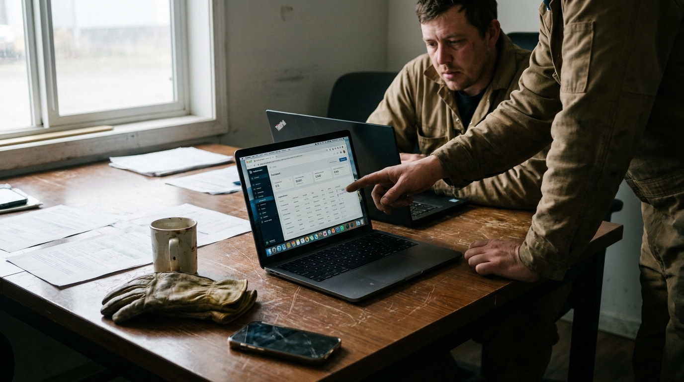 two laptops on a worn conference table with hands comparing software dashboards in soft window light