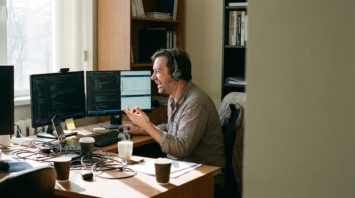 a developer testing a phone call flow at a desk, headset on, code editor and call logs on dual monitors, a genuinely lived-in workspace with tangible textures — worn vinyl seats, sun-bleached dashboard, laminated route sheets curling at the corners.