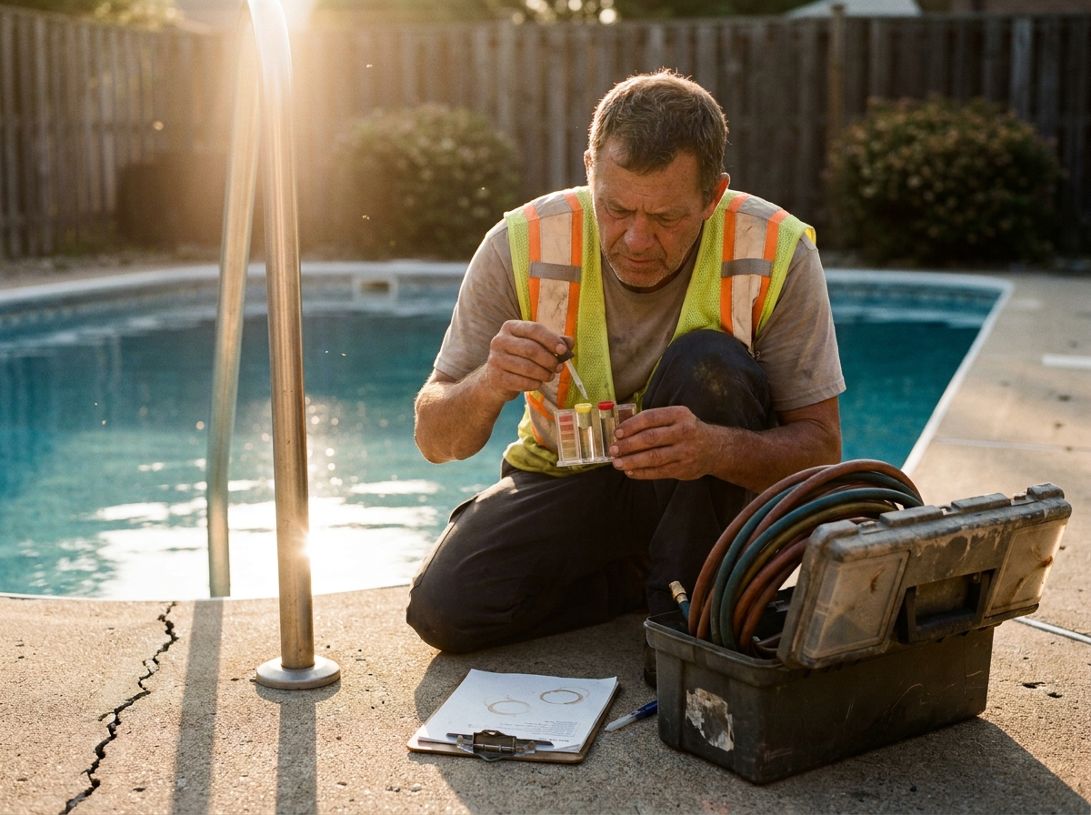 a pool technician testing water chemistry beside a backyard pool — caught mid-task with a spontaneous, unposed expression, a genuinely lived-in workspace with tangible textures — scuffed toolboxes, faded hi-vis fabric, coffee rings on paperwork, dust motes drifting in the light.