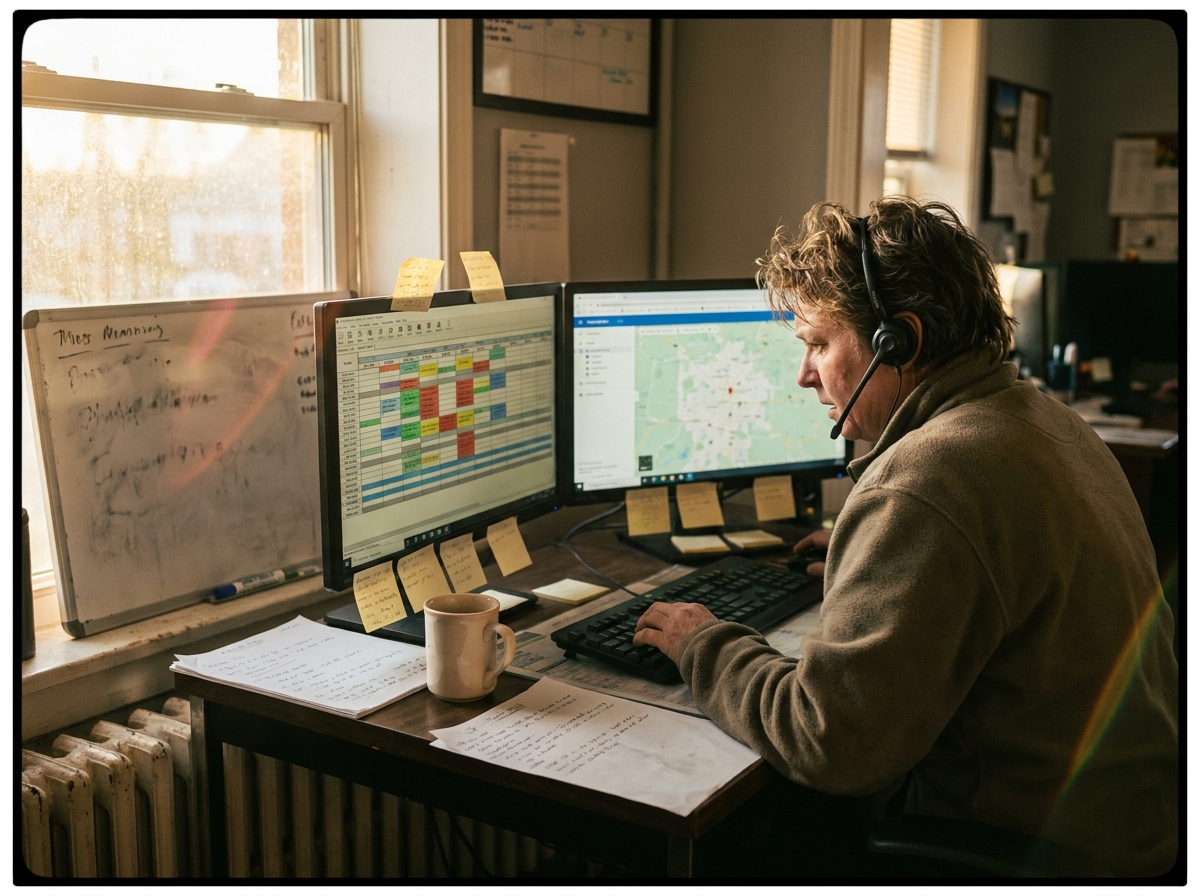 Dispatcher workstation with a smudged whiteboard, sticky notes, and morning route planning