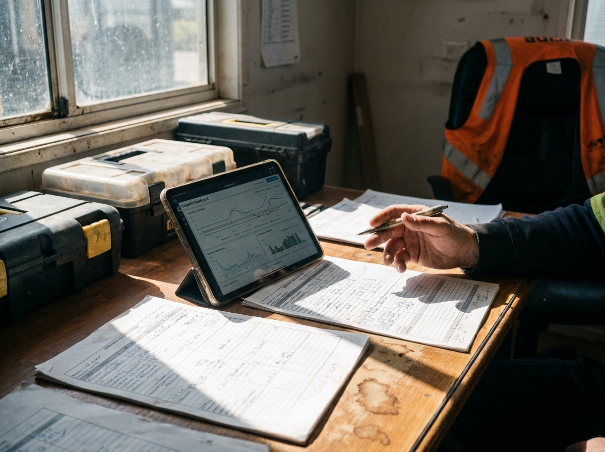 printed charts and a tablet dashboard beside scuffed toolboxes and coffee-ringed paperwork