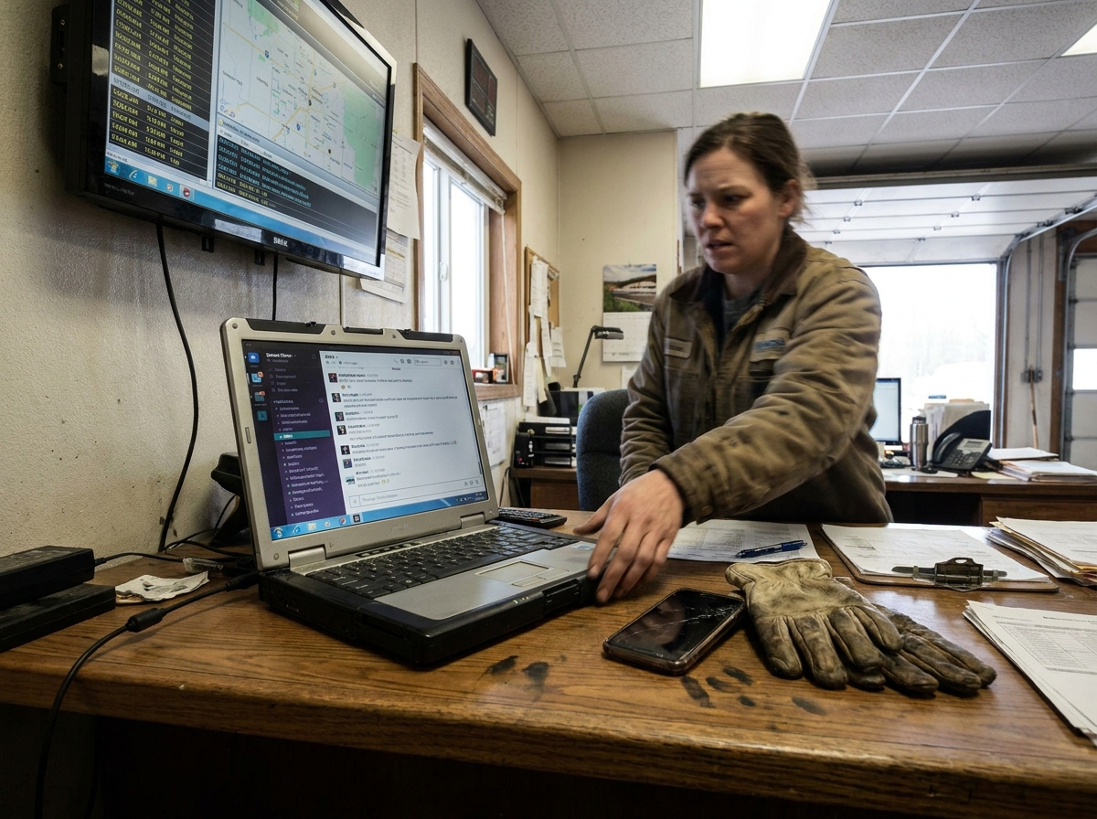 a laptop showing a chat interface beside a wall-mounted dispatch display in an office — caught mid-task with a spontaneous, unposed expression; an in-article photograph that visually echoes the section 'How it works' without literal signage., a genuinely lived-in workspace with tangible textures — w