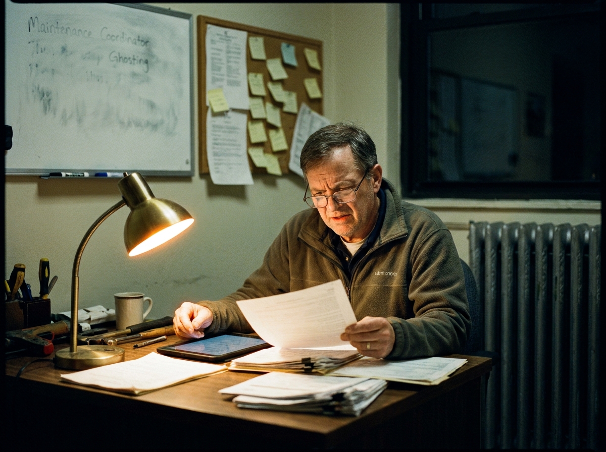 a maintenance coordinator reviewing work orders in an apartment lobby, a genuinely lived-in workspace with tangible textures , smudged whiteboard ghosting under fresh marker, sticky notes losing their grip, a humming radiator.