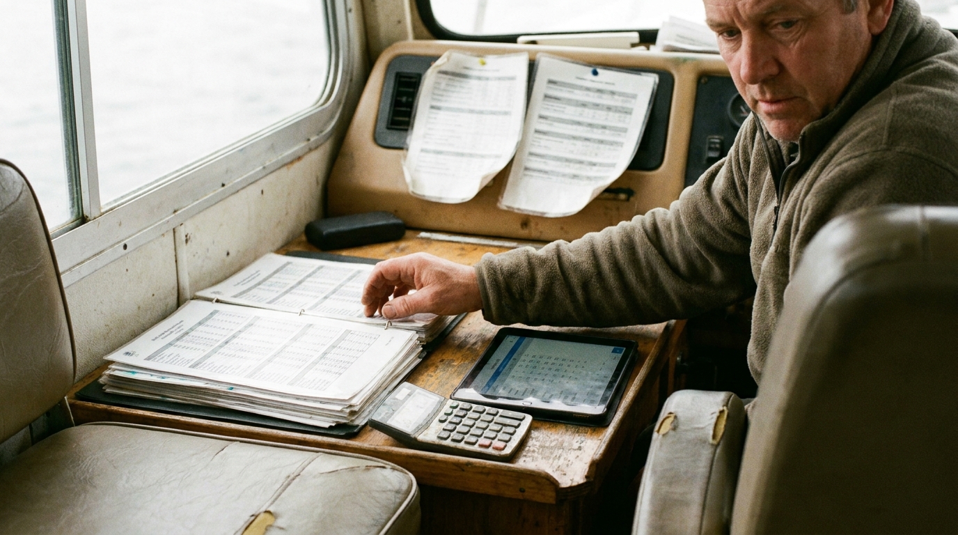 Printed charts, a calculator, and a tablet dashboard on a lived-in field operations desk