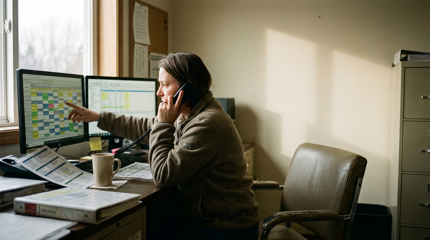 A dispatcher workstation with dual monitors showing a live schedule grid in a lived-in field service office.
