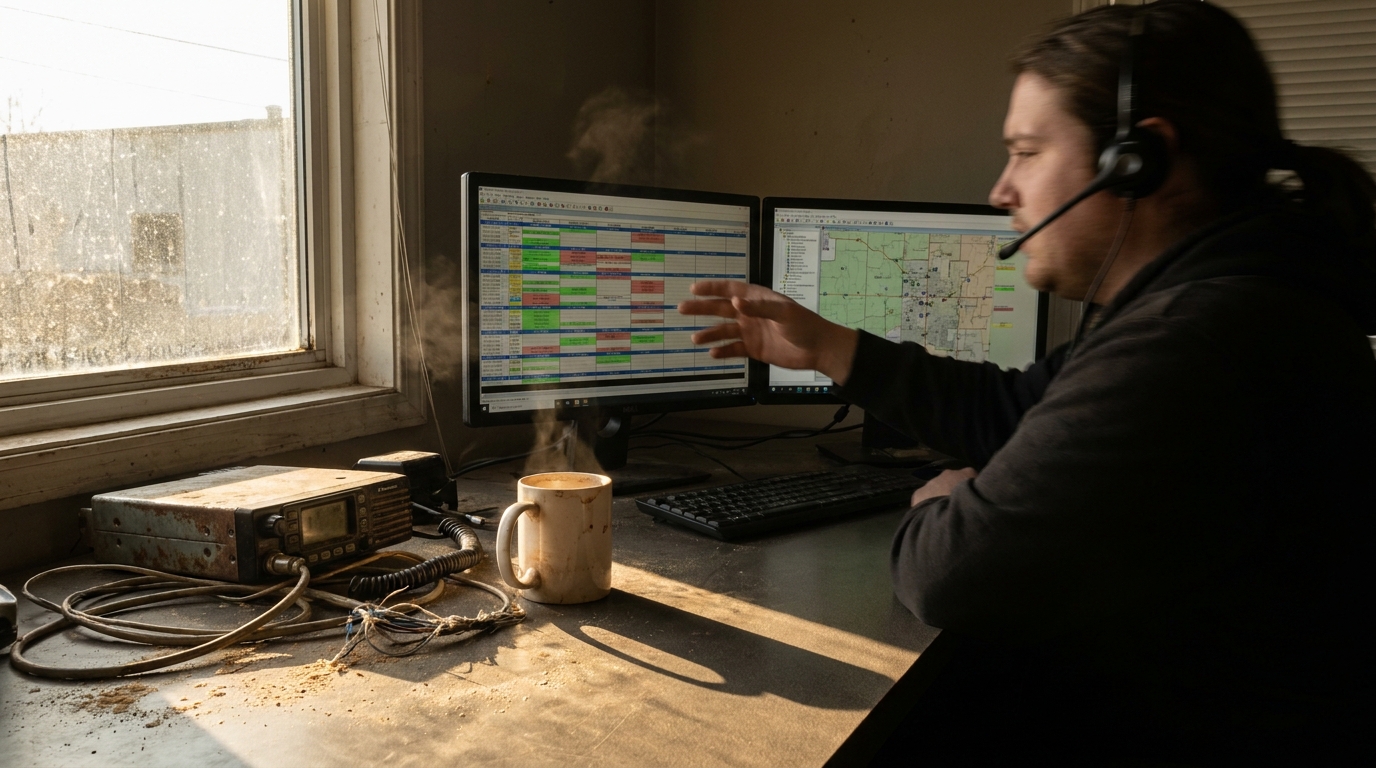 A dispatcher at a dual-monitor workstation with a live schedule grid in morning light