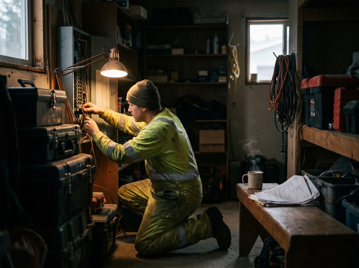 an electrician wiring a breaker panel in a residential garage, a genuinely lived-in workspace with tangible textures — scuffed toolboxes, faded hi-vis fabric, coffee rings on paperwork, dust motes drifting in the light.