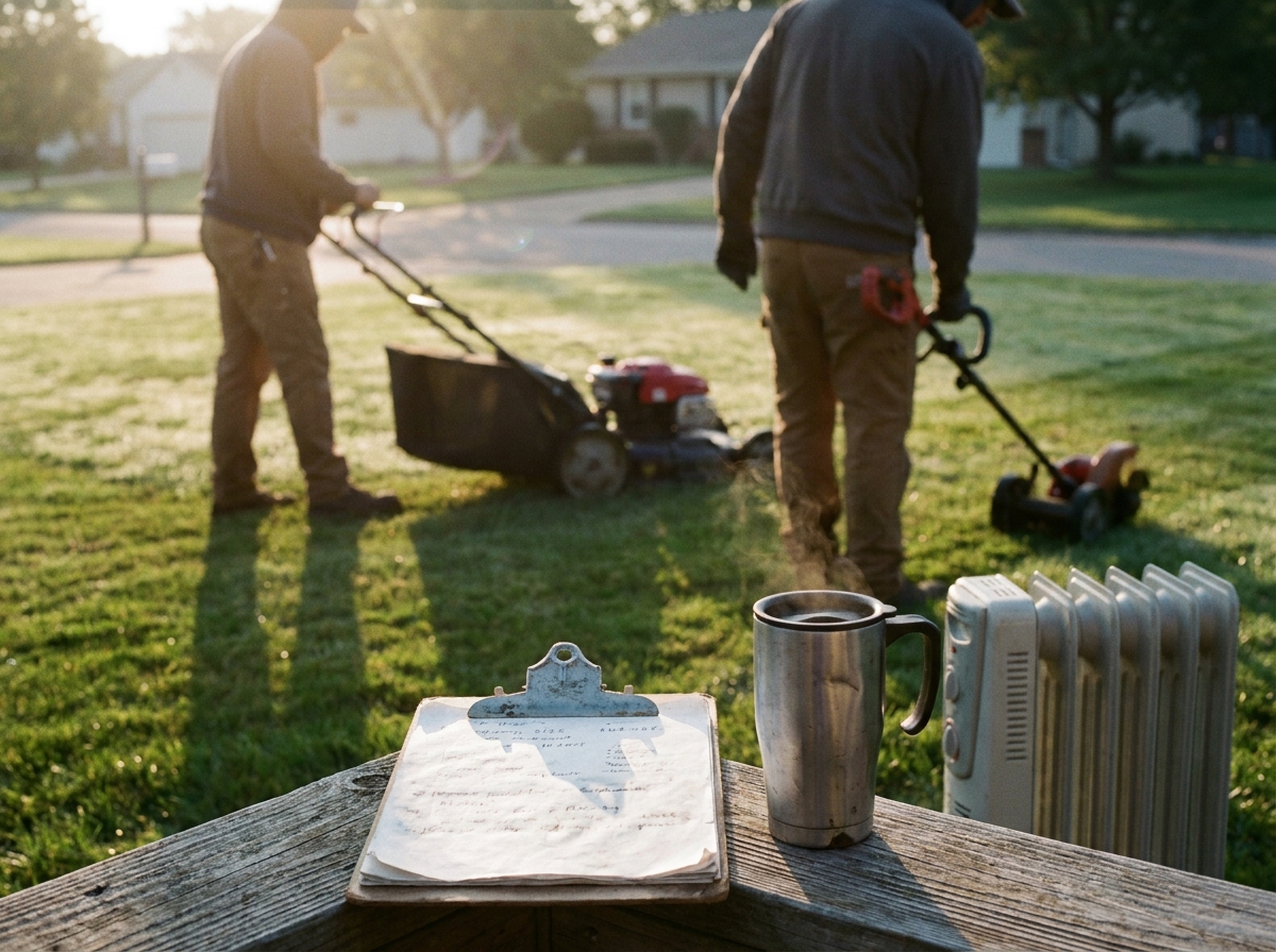 a landscaping crew mowing and edging a suburban lawn in morning light, a genuinely lived-in workspace with tangible textures — smudged whiteboard ghosting under fresh marker, sticky notes losing their grip, a humming radiator.