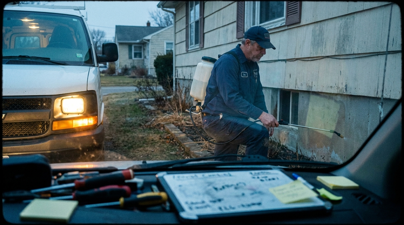Pest control technician treating a home exterior in pre-dawn light with lived-in office textures
