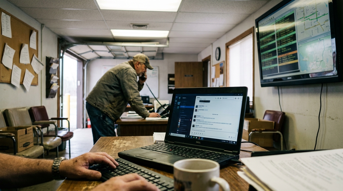 A laptop with a chat interface beside a dispatch display in a lived-in field service office