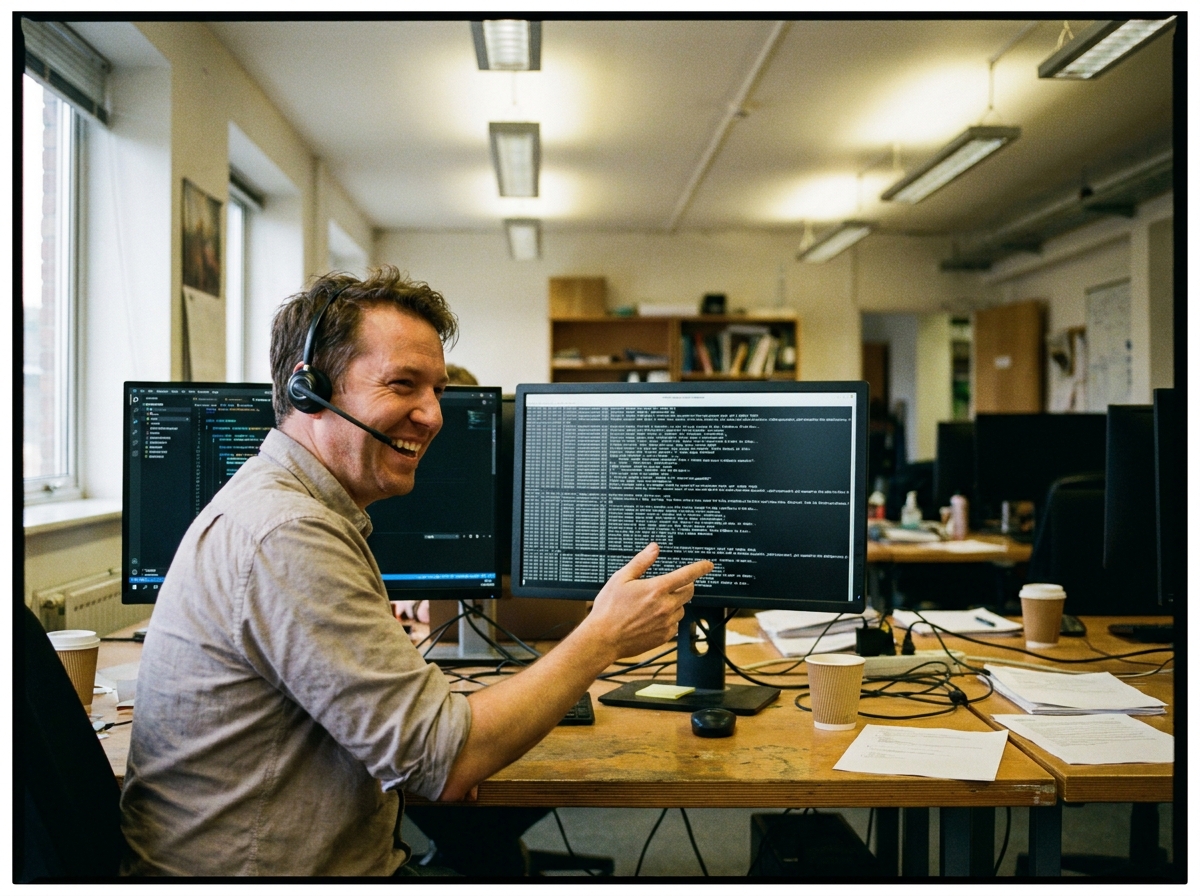 Developer testing a phone call flow, lived-in workspace with worn vinyl seats and route sheets