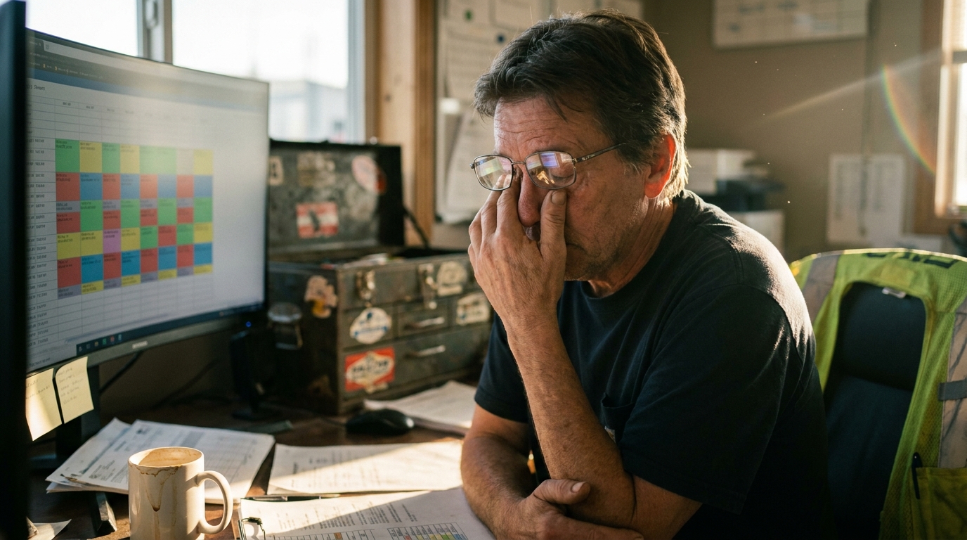 Dispatcher monitor with a color-blocked schedule grid reflected in glasses in a lived-in field-service workspace