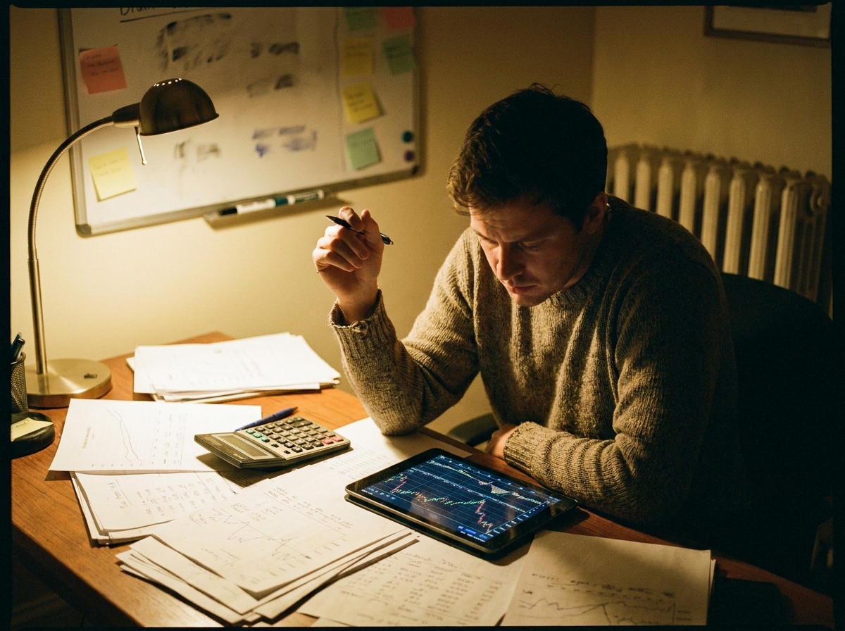 printed charts, a calculator and a tablet dashboard on a wooden desk, a genuinely lived-in workspace with tangible textures — smudged whiteboard ghosting under fresh marker, sticky notes losing their grip, a humming radiator