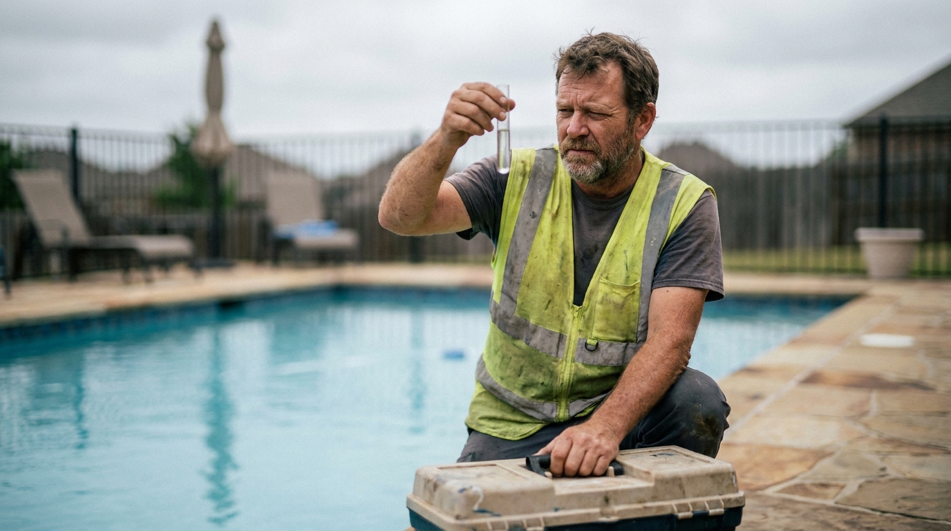 pool technician testing water chemistry beside a backyard pool, lived-in work gear and paperwork