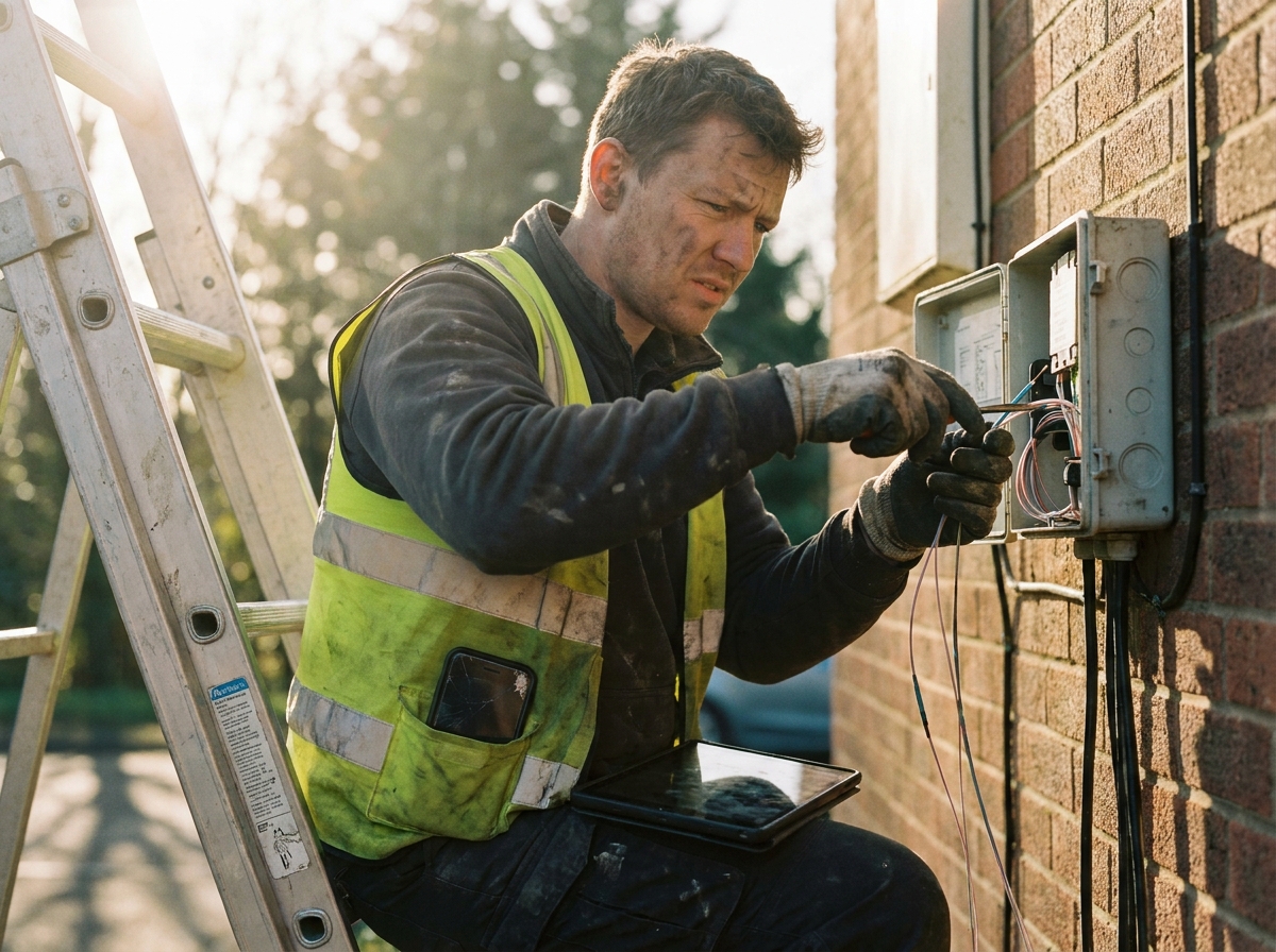 a telecom installer on a ladder terminating fiber at a home, a genuinely lived-in workspace with tangible textures — weathered work gloves, chipped paint, a cracked phone screen, grease-darkened fingerprints.