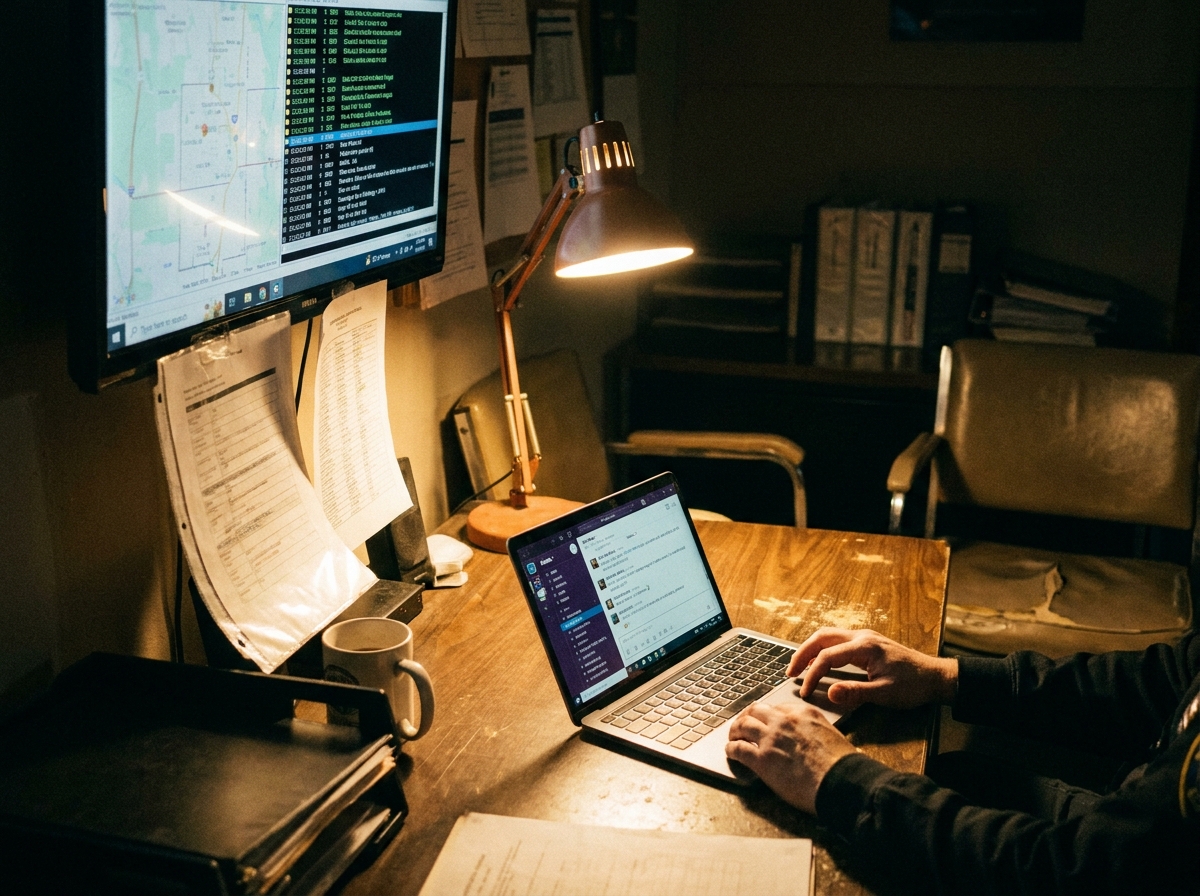a laptop showing a chat interface beside a wall-mounted dispatch display in an office — caught mid-task with a spontaneous, unposed expression; an in-article photograph that visually echoes the section 'What users experience' without literal signage., a genuinely lived-in workspace with tangible tex