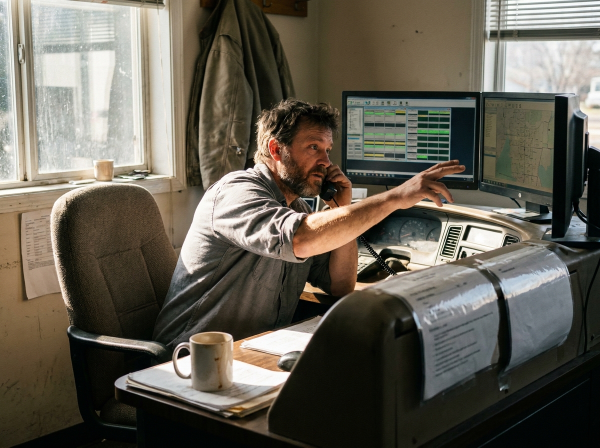 a dispatcher's dual-monitor workstation with a live schedule grid, coffee cup, morning light, a genuinely lived-in workspace with tangible textures — worn vinyl seats, sun-bleached dashboard, laminated route sheets curling at the corners.