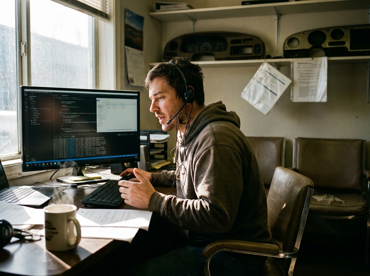 developer testing a voice booking flow beside Crisphive call logs and route sheets